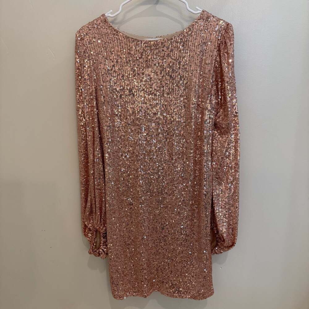 Baltic Born Rose Gold Sequin Long Sleeve Open Back Mini Dress NWT large